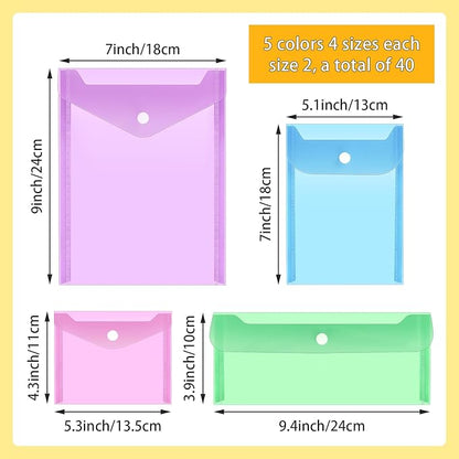 Vmiapxo 40 Pack Multi-Color Stamp and Die Storage Pockets, Reusable Rainbow Small Plastic Envelopes Waterproof Sticker Organizer Receipt Holder Photo Storage Folders (Mixed Size)
