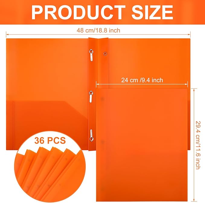 Cholemy 36 Pcs Plastic Pocket Folders with Prong 2 Heavy Duty Pockets Folders with 3 Prongs Letter Size Paper Folders Bulk File Plastic Folders with Fasteners for Office Workers (Orange)
