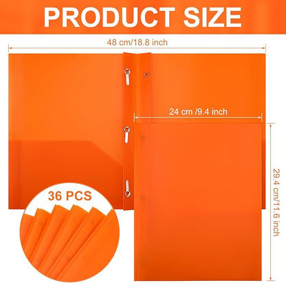 Cholemy 36 Pcs Plastic Pocket Folders with Prong 2 Heavy Duty Pockets Folders with 3 Prongs Letter Size Paper Folders Bulk File Plastic Folders with Fasteners for Office Workers (Orange)