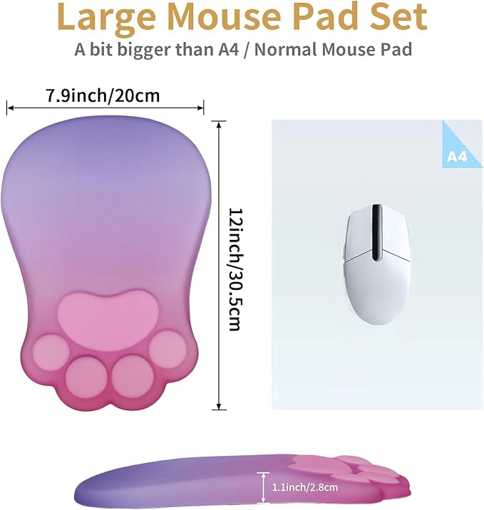 Ergonomic Mouse Pad with Wrist Rest,Cute Cat Paw Mousepad Wrist Support,Comfortable Massage Design Computer Pain Relief Mouse Pad with Non-Slip PU Base for Desk Laptop Gaming,Pink&Purple