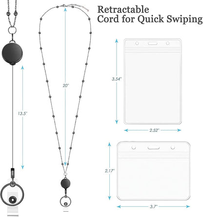 Retractable Badge Reel Lanyard with 2 Pieces ID Holder for Women, Fashion Beaded Chain Premium Stainless Steel Lanyard Necklace Water Resistant Name Badge Holder (Black)