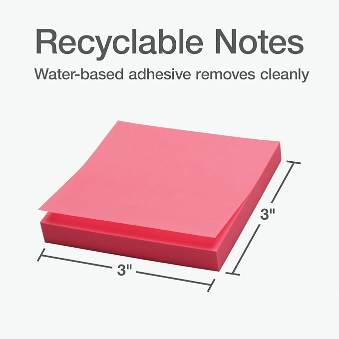 Redi-Tag Sticky Notes, Power Stick Notes, Adhesive Reminders, 3" x 3" Reusable Notes, Strong Adhesive Memos, Assorted Bright Colors, 12 Pack (1000976)