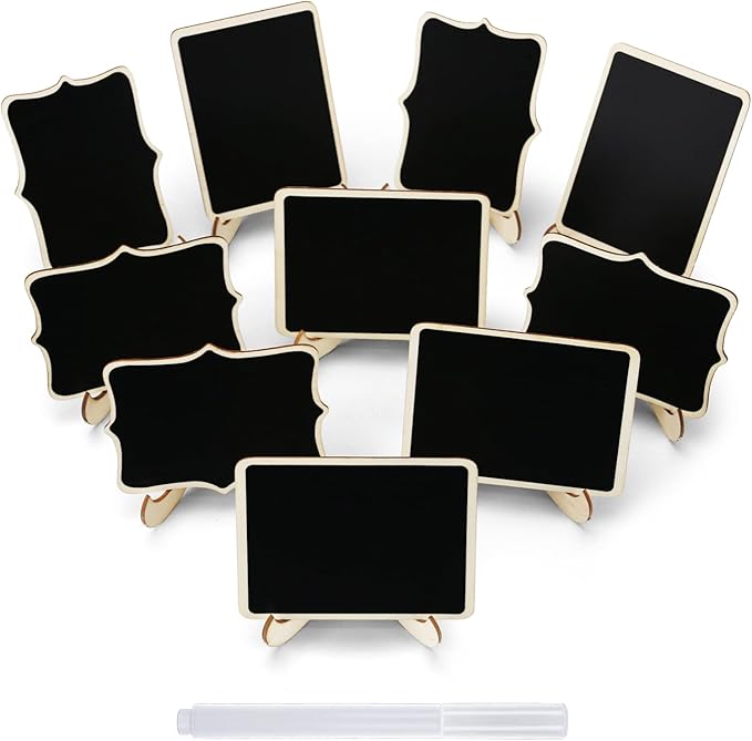 12 Pcs Mini Chalkboard Signs, Small Chalkboard Labels with Easel Stand, Wooden Blackboard for Table Numbers, Food Signs, Wedding Signs, Place Cards and Event Decoration, with 1 Liquid Chalk