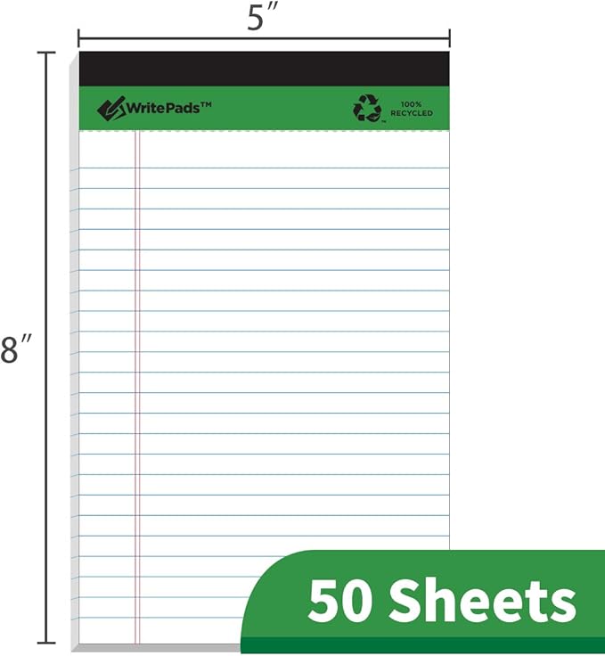 KAISA Small Legal Pad Writing Pads, 50 sheets 5"x8" College Ruled Legal Ruled Recycled Lined Paper Notepads,12pads, KSU-5262