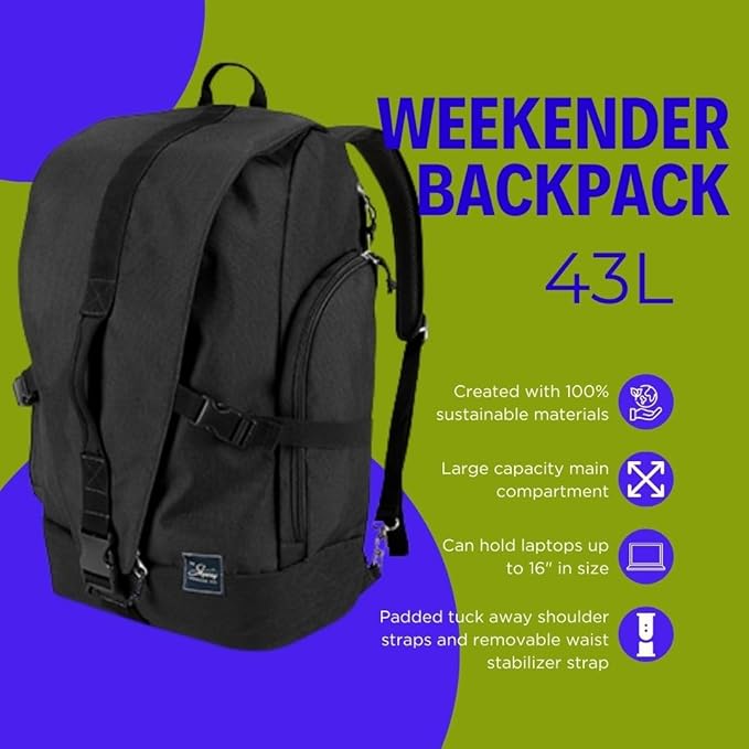 Skyway Luggage Rainier Weekender Backpack, Eco-Friendly, Made of 100% rPET Travel Laptop Bag for Women & Men, Flight Approved Carry On Bag, 43L, Crater Black