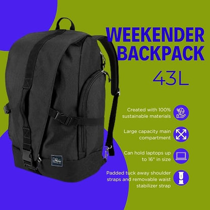 Skyway Luggage Rainier Weekender Backpack, Eco-Friendly, Made of 100% rPET Travel Laptop Bag for Women & Men, Flight Approved Carry On Bag, 43L, Crater Black