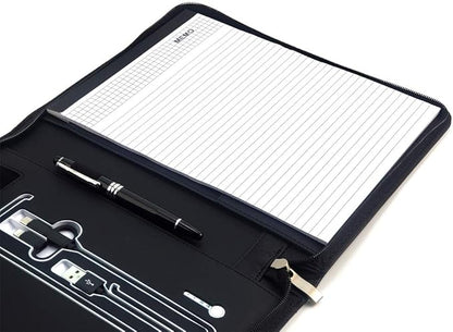 Phone Charging Business & Travel Portfolio w/Built-in Power Bank- Zipper Closure & Refillable Pad- Professional Organizer Padfolio That Charges Phones/Tablets on The Go (Black)