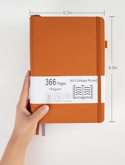 Thick College Ruled Notebook with 366 Numbered Pages, A5 Journals for Writing with 100GSM Lined Paper, Hardcover Leather Notebooks for Women Men School Note Taking Office Work Diary, 5.7"x8.3" Cyan