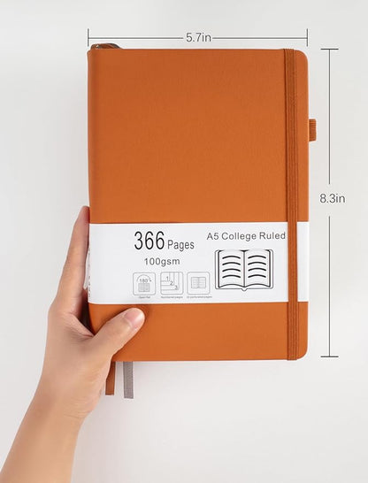 Thick College Ruled Notebook with 366 Numbered Pages, A5 Journals for Writing with 100GSM Lined Paper, Hardcover Leather Notebooks for Women Men School Note Taking Office Work Diary, 5.7"x8.3" Pink