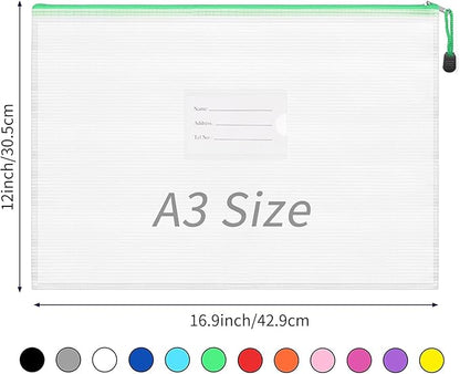 EOOUT 24pcs Mesh Zipper Pouch Bags A3 Extra Large Document Bag with Label Pocket, 16.9x12 Inches, Plastic Zip File Folders, Puzzles, Board Game Storage for Organizing Office Home