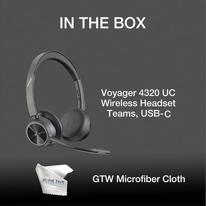 Poly Voyager 4320 UC Wireless Bluetooth Duo Headset (USB-C) Teams Version - Global Teck Bundle with Microfiber Cloth - Deskphone, PC/Mac, Works with Zoom, RingCentral, 8x8, Vonage