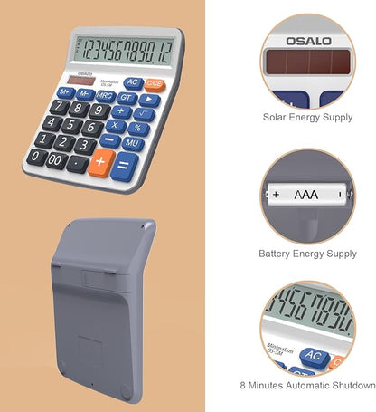 Desktop Calculator Extra Large 5-Inch Clear LCD Display 12-Digit Big Number Button Office Calculator with Auto Sleep Function (OS-5M)