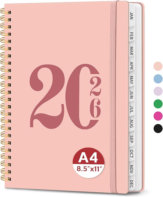 2026 Planner, Weekly and Monthly Calender Planner, Jan 2026 to Dec 2026, Hardcover 2026 Calendar Planner Book with Tabs & Inner Pocket, Office Home School Supplies for Women & Men - A4 (8.5" x 11"), Pink