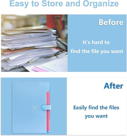 Forvencer Accordion File Organizer, Letter Size, 5 Pocket Expanding File Folder, Cute File Folder with Labels, Portable File Organizer for School Office Supplies, Folders for Documents, Blue