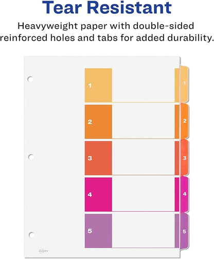 Avery 5 Tab Dividers for 3 Ring Binders, Customizable Table of Contents, Multicolor Tabs, 6 Sets (11187)