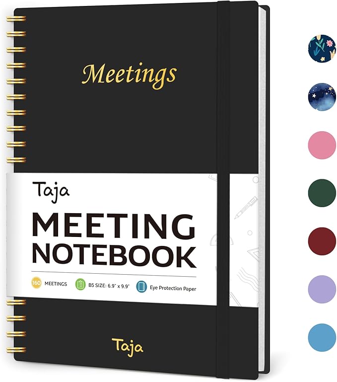 Meeting Notebook For Work Organization - Work Planner Notebook With Action Items, Agenda Planner For Note Taking, 160Pages (6.9" X 9.9") Project Planner For Men & Women - Black