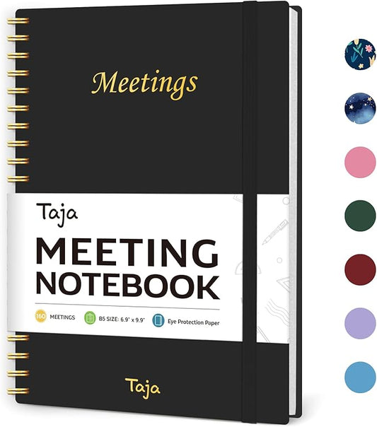 Meeting Notebook For Work Organization - Work Planner Notebook With Action Items, Agenda Planner For Note Taking, 160Pages (6.9" X 9.9") Project Planner For Men & Women - Black