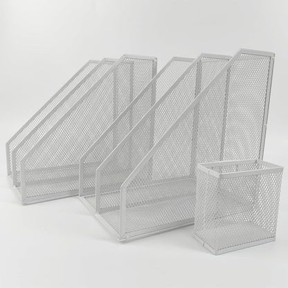 2 Set Desk Organizers, Metal Desk Magazine File Holder and 1 Pen Holder, 2 Compartments Mesh File Holder, Mesh Desktop Organizer and Storage (white)