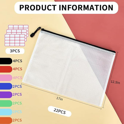 Vuzvuv A3 Size-22pcs 16.9"x 12" Mesh Zipper Pouch Zipper Bags,8 Colors Document File Folders with Label Sticker,Plastic Mesh Bag for File, Makeup, Board Game School Office Home Travel Storage