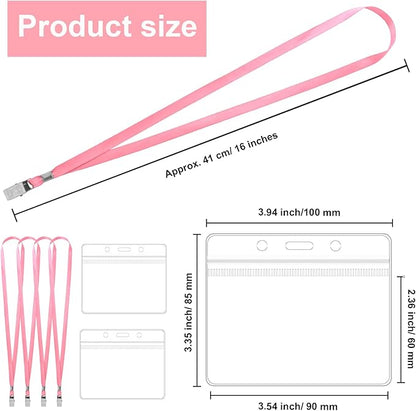 100 Pcs Lanyards for ID Badges and 100 Pcs Clear Name Tag Holders Reusable Lanyard with Clip Plastic ID Card Badge Holder Name Badges for Adults Kids Business School Office Supplies (Pink)