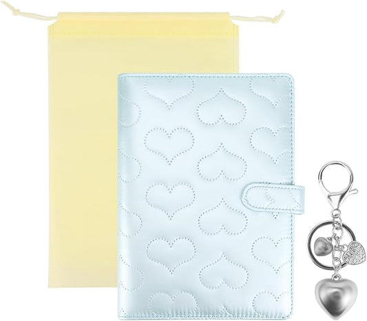 A5 PU Leather Cotton-Padded Binder 6-Ring Notebook Binder Cover with Gold Keychain for A5 Filler Paper, Refillable A5 Personal Planner Budget Binder with Magnetic Buckle Closure (Light Blue, A5)