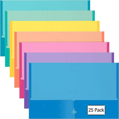 2 Pocket Folders, Assorted 7 Vibrant Colors with Complementing Interior Colors, Fits Letter Size Paper, for School, Office, Home (3 Hole Punched, 25)