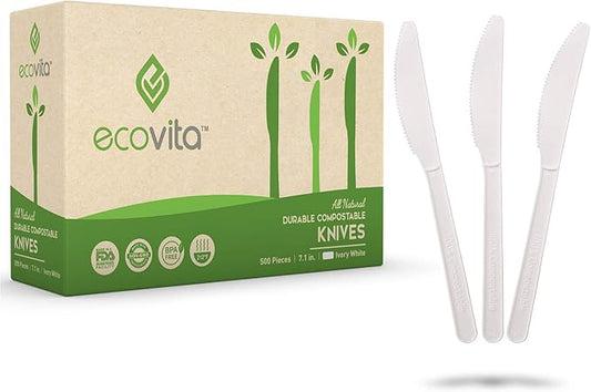 100% Compostable Knives - 500 Large Disposable Utensils (7 in.) Bulk Size Eco Friendly Durable and Heat Resistant Alternative to Plastic Knives with Convenient Tray