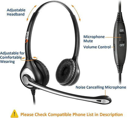 Wantek Corded Telephone Headset Dual w/Noise Canceling Mic Compatible with ShoreTel Plantronics Polycom Zultys Toshiba NEC Aspire Dterm Nortel Norstar Meridian Siemens ROLM Landline Deskphones(F602S2)