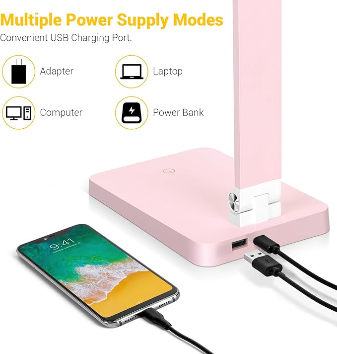 LED Desk Lamp for Home Office, 3 Levels Dimmable Reading Desk Light with USB Charging Port, Desk Accessories Touch Control Table Lamp, Eye-Caring Small Study Lamp for College Dorm Room, Pink, 5000K