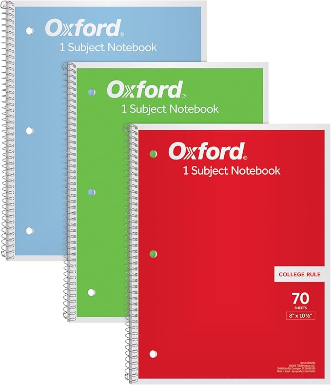 Oxford 1-Subject Notebooks, Notebooks for School, 8 x 10.5 Inches, College Rule, 70 Sheets, Assorted Primary Colors, 3 Pack, Colors May Vary (1006792)