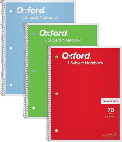 Oxford 1-Subject Notebooks, Notebooks for School, 8 x 10.5 Inches, College Rule, 70 Sheets, Assorted Primary Colors, 3 Pack, Colors May Vary (1006792)