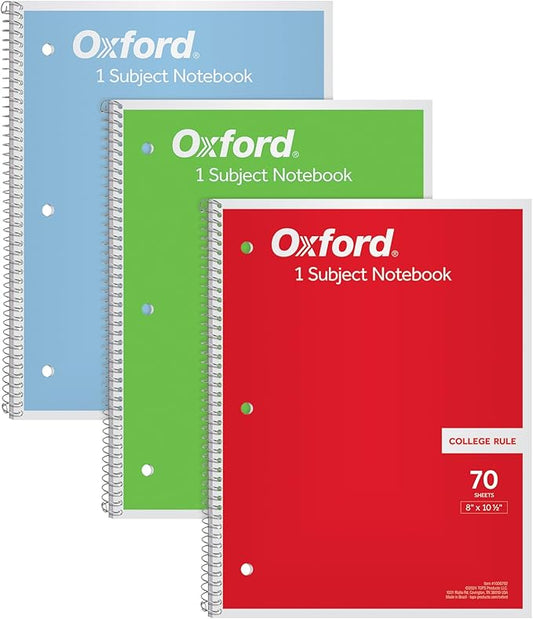 Oxford 1-Subject Notebooks, Notebooks for School, 8 x 10.5 Inches, College Rule, 70 Sheets, Assorted Primary Colors, 3 Pack, Colors May Vary (1006792)