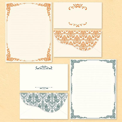 Anzon Mories 96 Piece Stationary Set (64 Sheet Paper and 32 Envelope) Both Side Line Vintage Ivory Lace pattern 2 Color Navy Orange Gold border Stationery Letter Writing Paper 8.5 x 11 In College Rule