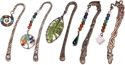 Jovivi 5pcs Antique Copper Metal Bookmark Beading Bookmarks with Handmade 7 Chakra Healing Crystals Tree of Life Tumbled Gemstones Assorted Beads