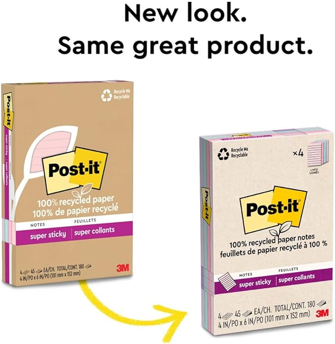 Post-it 100% Recycled Paper Super Sticky Notes, Lined, 4 in. x 6 in., 4 Pads, 45 Sheets per Pad, Wanderlust Pastels, School Supplies and Office Products