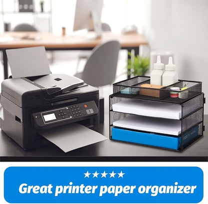 EASEPRES Paper Organizer Tray, 3 Tier Mesh Desk File Organizer Letter Sorter Holder with Drawer for Home Office, Black