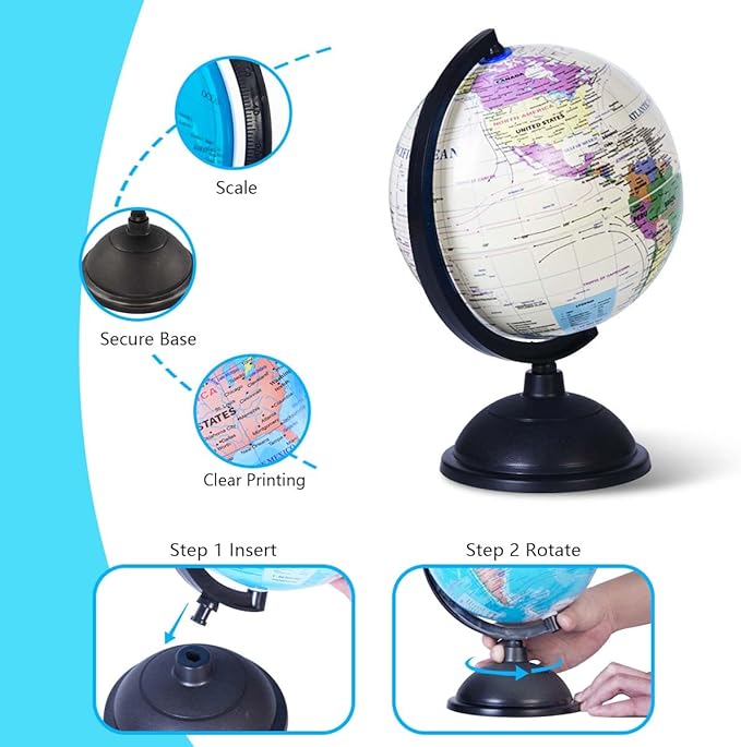 8 Inch World Globe with Stand Rotating Earth Spinning Globe for Kids Geography Classroom Education or Decorations (White)