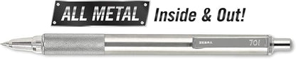 Zebra F-701 Metal Pen - Ballpoint Fine Point Stainless Steel - 0.8mm - Black Ink - Retractable Zebra Pens with 2 Black Ink Refills
