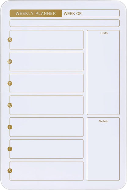 SELEAD Magnetic Glass Whiteboard Weekly Planner - 16”x24” Dry Erase Calendar White Board for Wall, Menu TODO Grocery List Board for Home Kitchen Restaurant - White&Gold