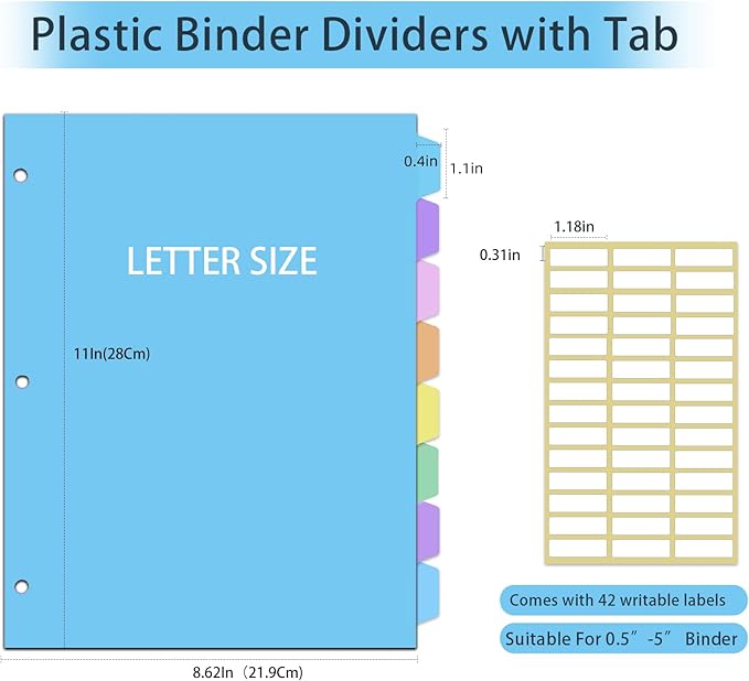 16Pcs/2 Sets Binder Dividers for 3 Ring Binder,8 Tab Plastic Dividers with Tabs, Pastel Color File Dividers, Notebook Dividers for School, Office