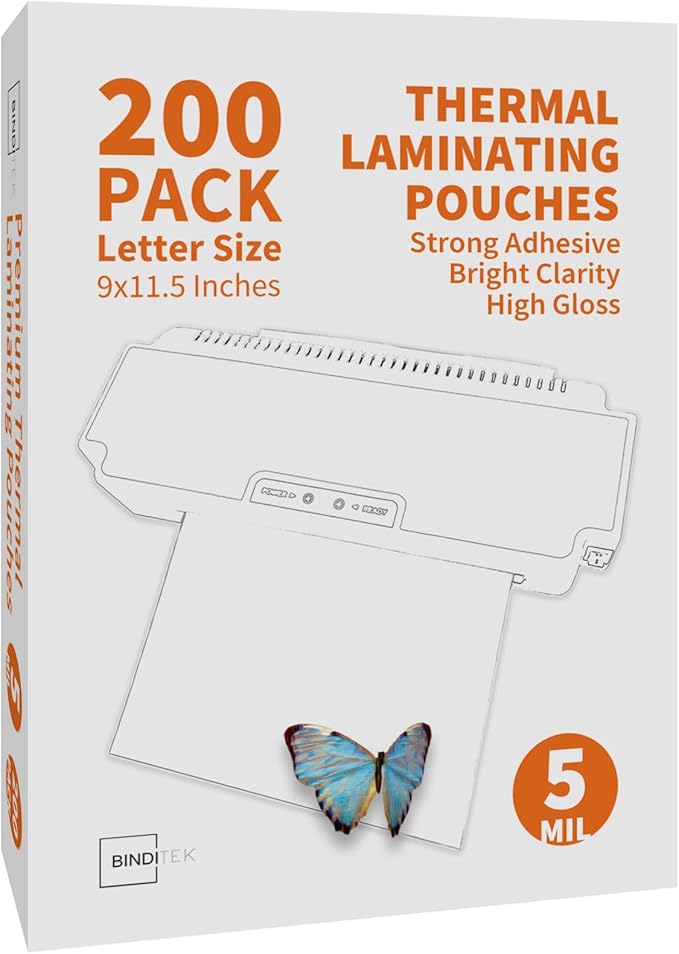 Binditek 200 Pack 5 Mil Thermal Laminating Pouches, 9x11.5 Inches Laminating Sheets, for Letter Size, Ultra Clear, Glossy, Hold 8.5x11 Inches, Heat Seal, School Office Supplies