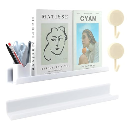 Magnetic Book Shelf for Whiteboard, Magnetic Book Holder File Rack with a Pen Container and Two Hook Acrylic Book Shelves Metal Floating Book Display Shelf for Teacher Kids Room Office(White)