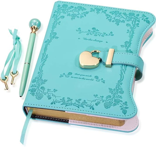 Diary with Lock and Keys for Girls Gift Ideas, 360 Gold Edged Pages Journal for Women, B6 Refillable Notebook for Writing with Pen and Bookmark (Garden Turquoise)