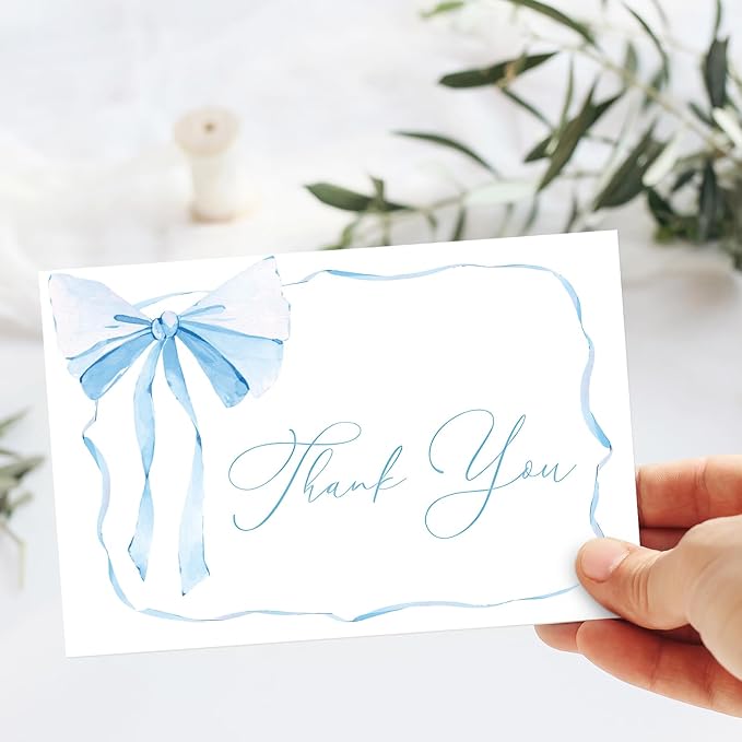 Whaline 24 Packs Blue Bow Thank You Cards Coquette Bowknot Greeting Cards Blank Note Cards with Envelopes and Stickers for Birthday Wedding Baby Shower, 4 x 6 Inch