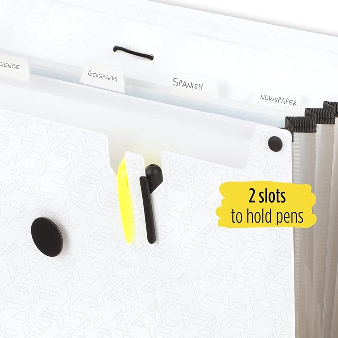 Five Star 6 Pocket Expanding File Organizer, Plastic Expandable File Folders with Pockets and Tab Inserts, Holds 11" x 8-1/2", Bungee Closure, White (355520E)