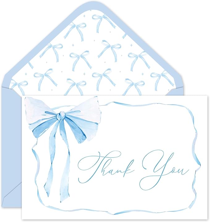 Whaline 24 Packs Blue Bow Thank You Cards Coquette Bowknot Greeting Cards Blank Note Cards with Envelopes and Stickers for Birthday Wedding Baby Shower, 4 x 6 Inch