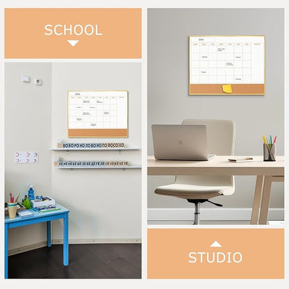 Calendar Whiteboard for Wall - 24'' x 18'' Magnetic Monthly Dry Erase Calendar with Cork Board - Gold Aluminum Frame