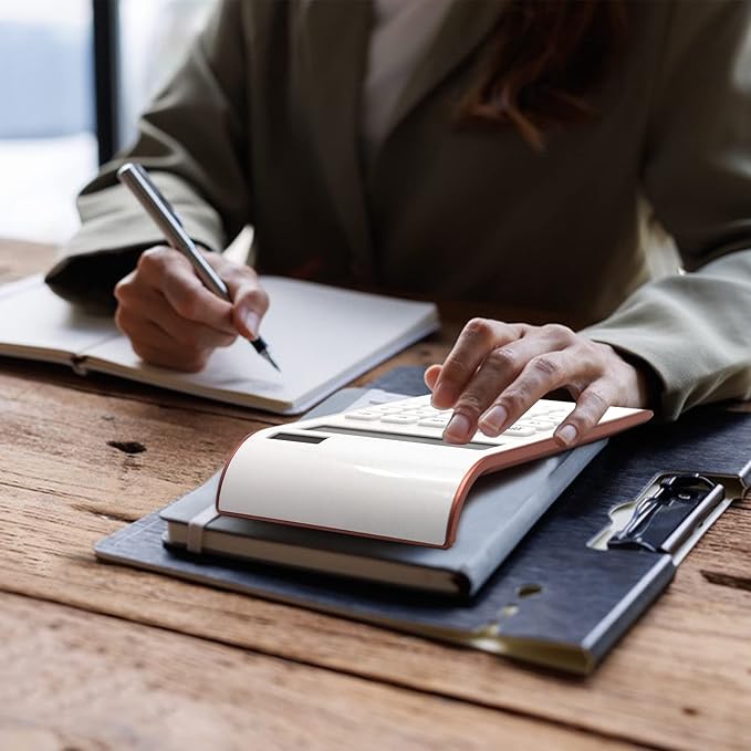 Rose Gold Calculator, UPIHO Rose Gold Pink Office Supplies and Accessories, 10 Digits Solar Battery Basic Office Calculator, Desktop Calculator with Large LCD Display, Gifts for Coworkers