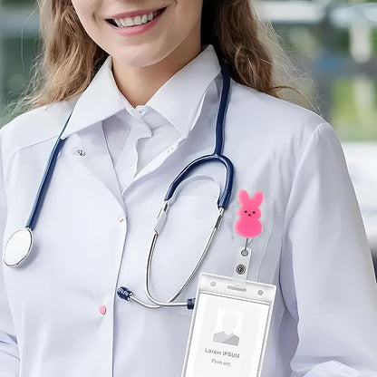 Easter Badge Reels Nurse Badge Reel,Funny Badge Reel,Cute Pink Bunny ID Name Badge Holder Full Cover Retractable Acrylic Clips for Office Teacher Student Nurse Doctor