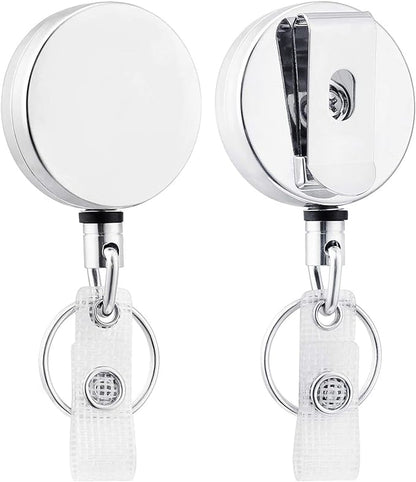 Will Well ID Badge Holder Reel with Clip and Keyring - Heavy-Duty All-Metal Casing with 27.5"UHMWPE Fiber Pull Cord for Durability and Easy Access, Holds up to 8 Keys - 2-Pack, Round, Glossy Silver